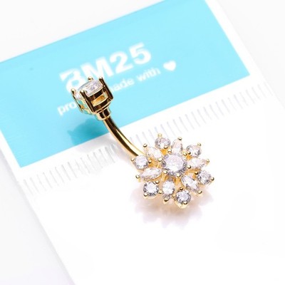 Brilliant Sunburst Floral Sparkle Belly Button Ring 14ga