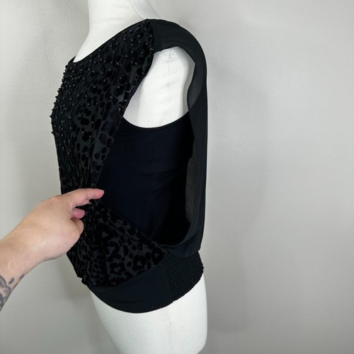 NEW Cache Blouse Size Small Leopard Animal Print Burnout Sleeveless Beaded Shirt - Picture 4 of 11