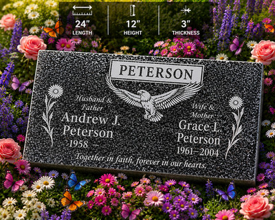 Custom Gray Granite Companion Headstone Cross & Floral Grave Marker