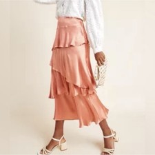 Anthropologie Maeve Cassia Rose Tiered ruffle Midi Skirt Satin Sz 6P