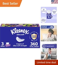 Ultra Soft 3-Ply Facial Tissues, 360 Total for Sensitive Skin - Hypoallergenic