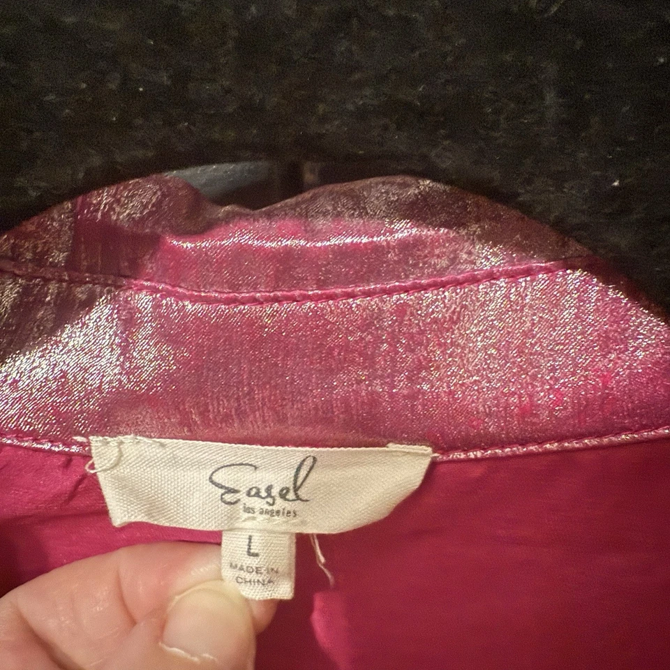 Blusa con botones rosa caballete brillante manga larga para mujer elegante vacaciones cóctel Foto 4 de 4