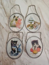 Vintage Kitten Cat Suncatchers Encircled With Metal And Chain Holders