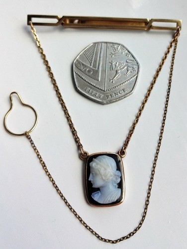 Vintage 1940s SWANK 10K Solid Yellow Gold Onyx Cameo Pendant Chain Tie Bar Clip - Picture 4 of 10