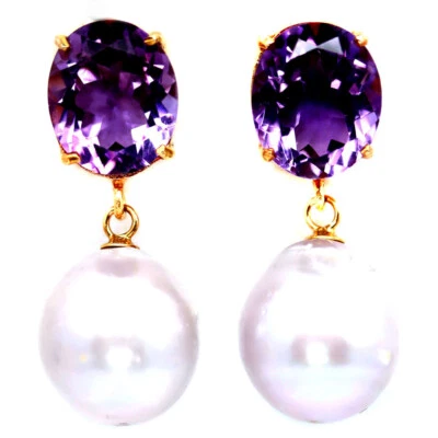925 Sterlingsilber Weiß Barock Perle & Amethyst Ohrringe - Bild 1 von 4