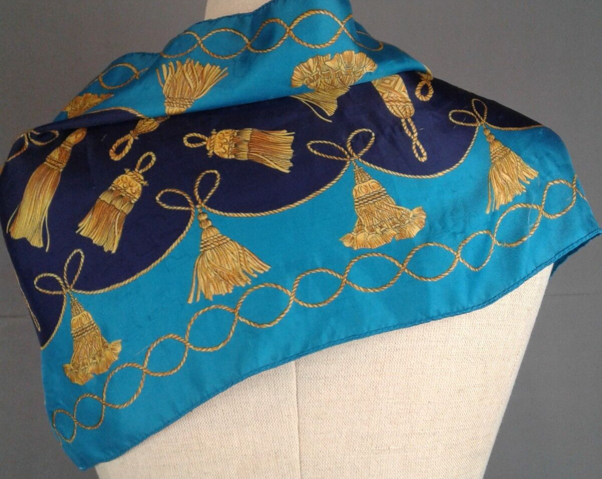 Ladies Blue Polyester Rectangular Scarf With Gold… - image 5