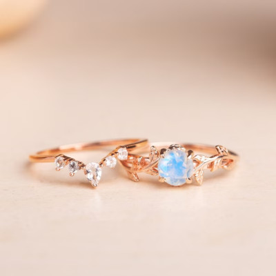 Round Cut Moonstone 14K Rose Gold Plated Over Silver Twig Leaf Wedding Ring Set