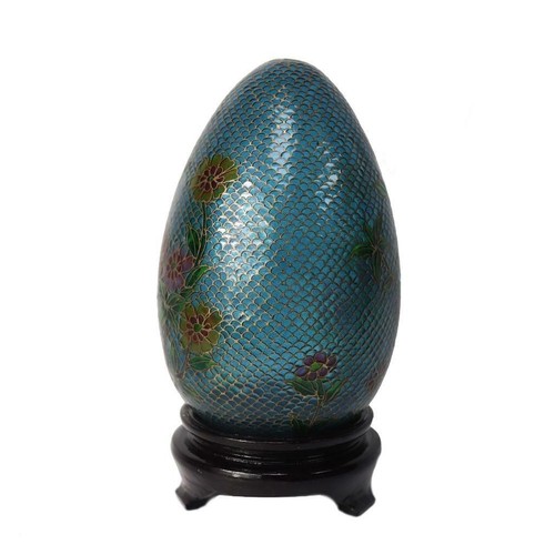 Vintage Plique-à-jour Egg Figurine with Flower Design & Wooden Display Stand - Picture 3 of 6