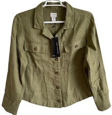 Nicole Miller 100% Linen Olive Green Cropped Button Pocket Jacket Size Xl Nwt