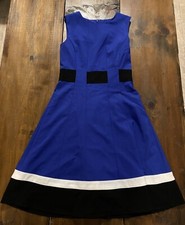Calvin Klein Fit Flare Dress Sleeveless Blue Black White Stripes Size 2