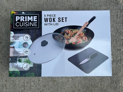 Prime Cuisine 5 Piece Wok Set Incl.Knife, Pan,  Spatula Cutting Board New In Box
