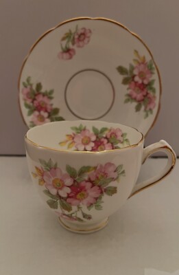 Duchess England Bone China # 763 Vintage Cup & Saucer Pink Green Floral & Gold