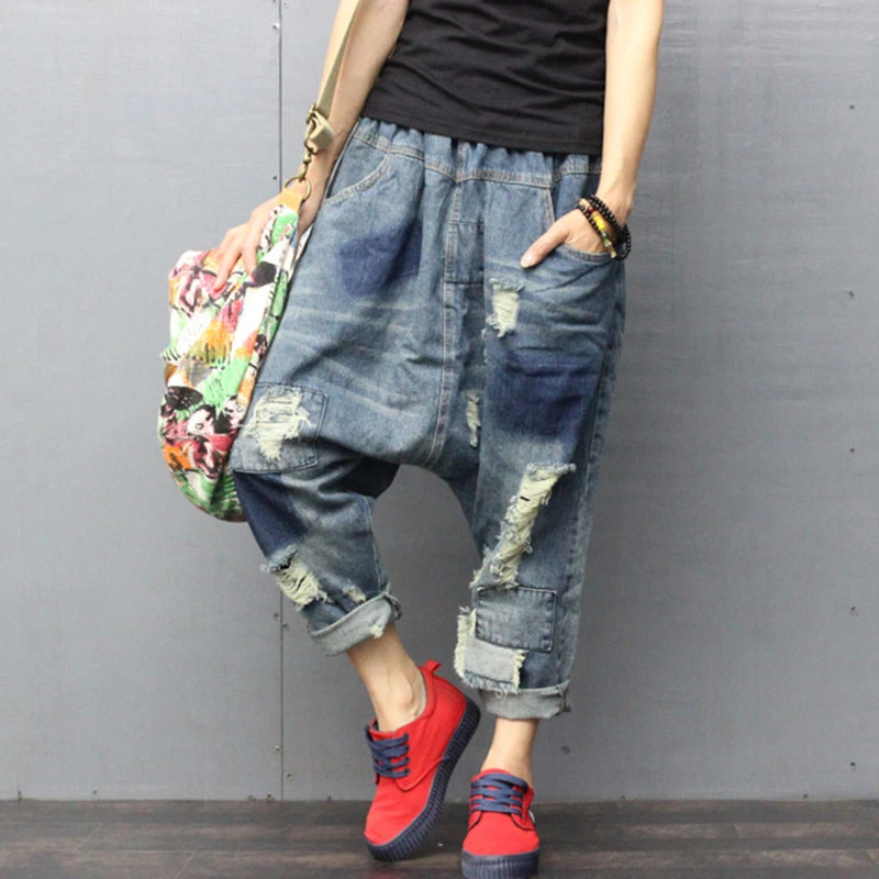 Casual Women s Ripped Drop Crotch Jeans Loose Denim Pants Harem