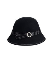Womens Black Wool Cloche Hat with White Trim and Silver Tone Buckle One Size