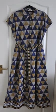 Toast Anokhi Shirt Dress Size 10 Midi Blue & Orange Pattern Print Belt Pockets