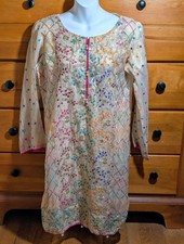 Pakistani Embellished Kameez Medium Gold Sheer Silk Blend Kurti Multicolor Zari