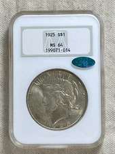 1925 Peace Dollar NGC MS 64 CAC No Barcode Fatty Nearly Full Holo Sticker