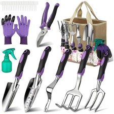 Ergonomic Rubber Handle Garden Tools Set in Vintage Tote Bag