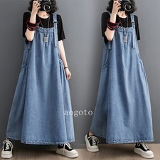 Womens Denim Baggy Overalls Dress Long Suspender Skirts Loose Strap Dress Casual
