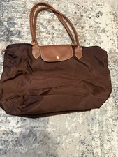Longchamp Brown Nylon & Leather Tote Bag Snap Closure Double Handles Gold