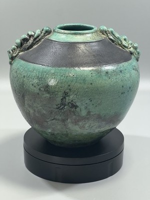 1994 Rako Handmade Iridescent Turquoise Art Pottery Vessel Vase Signed Angelo
