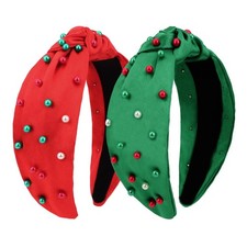 2 PCS Christmas Knotted Headbands Women Red Green Pearl Beaded Top Knot Xmas