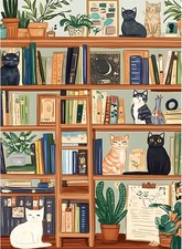 300 Piece Puzzles for Adults, Charming Cat Bookshelf Jigsaw Puzzle, Cozy and Rel