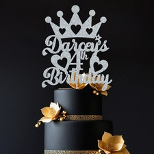Princess Crown Glitter Cake Topper Personalised Name & Age Girls Women Birthday