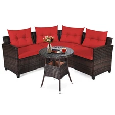 Patiojoy 4PCS Outdoor Patio Rattan Furniture Set Cushioned Sofa Table Red