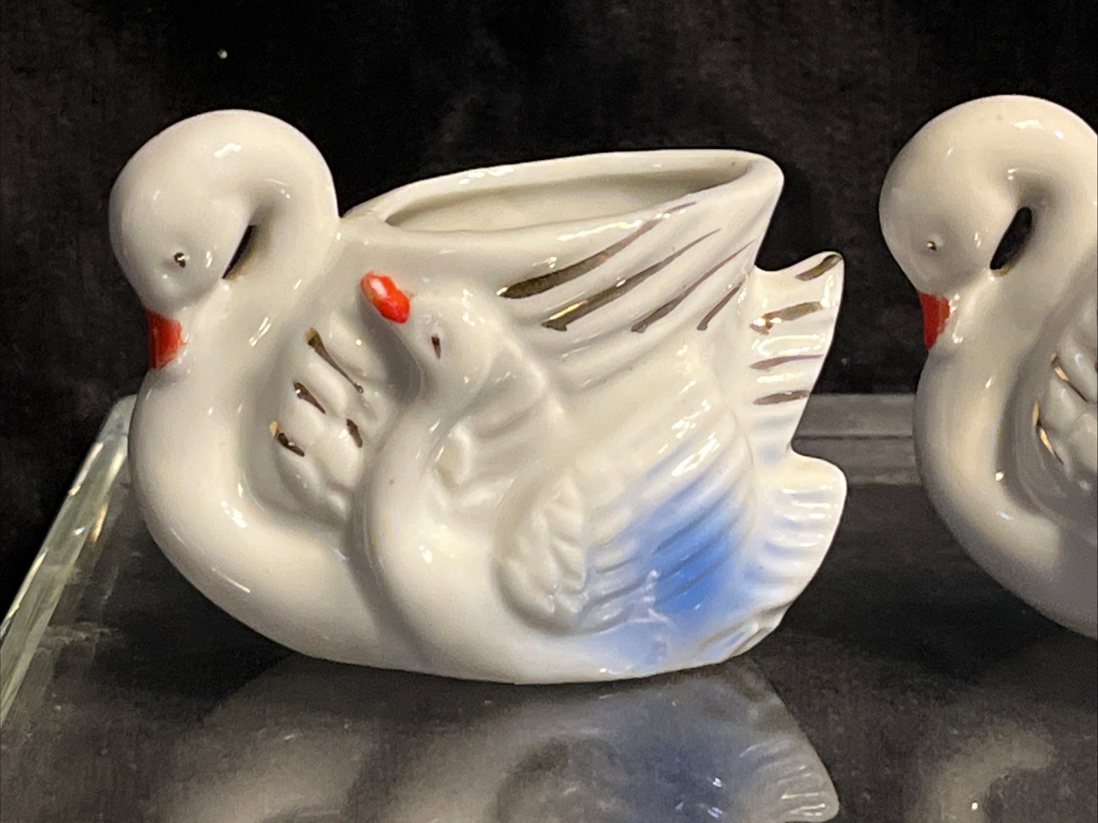 Toothpick HOLDER Porcelain Swan Mom Baby JAPAN Pair of (2) Vintage