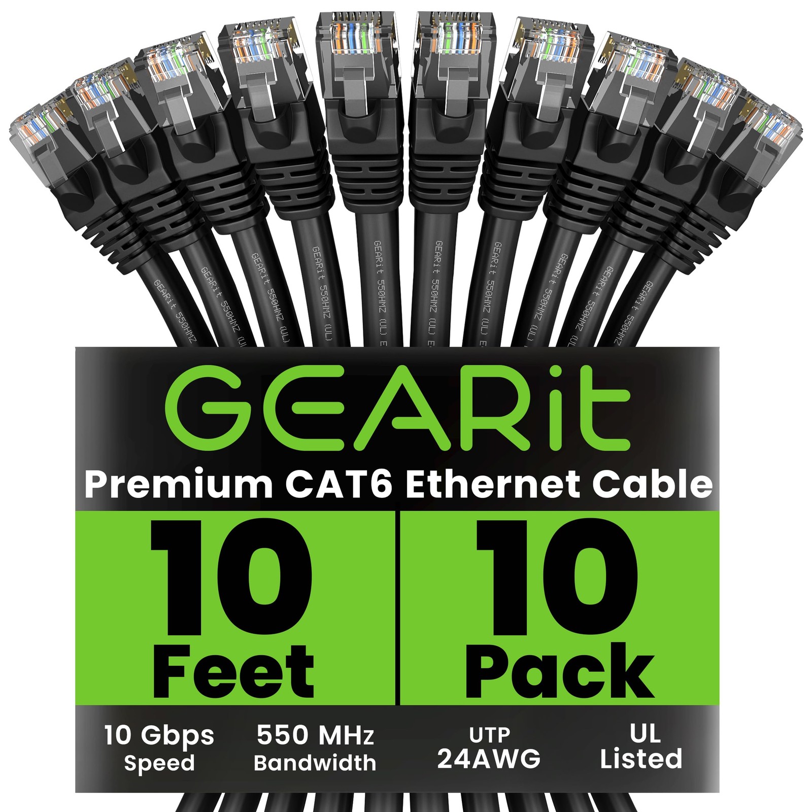 10-Pack Cat6 Ethernet Cables 10ft RJ45 High-Speed Patch Cords