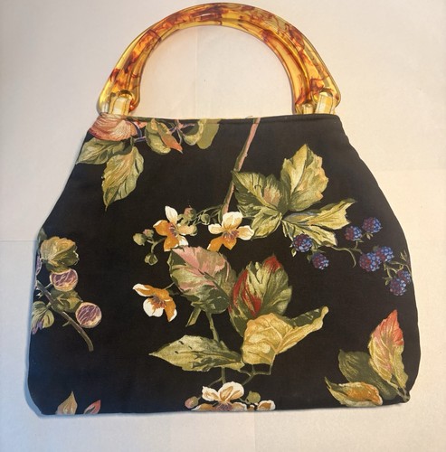 Vintage Floral W/ Fruit Plastic Handles New York Fabric Bag Snaps Flower Clean