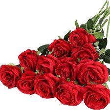 12 Bulk Artificial Roses, White Fake Flowers, Simulated Velvet Rose Bouquet