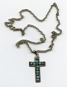 VINTAGE STERLING SILVER 925 TURQUOISE CROSS PENDANT, MEXICO, MARKED ARH AS SHOWN