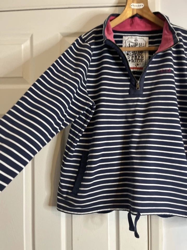 ANIMAL Womens Zip Neck Sweatshirt Jumper UK 16 Navy Blue Striped - Image 4 of 4