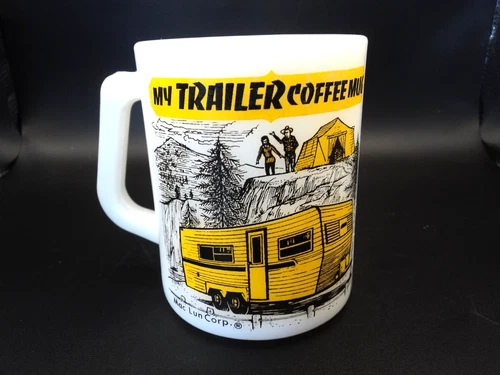Vintage  "My Trailer Coffee Mug" Fireking Milk Glass Coffee Mug