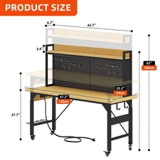Mobile Garage Bench 47” Workbench w/Pegboard, Hooks, Top Shelf & Built-in Power