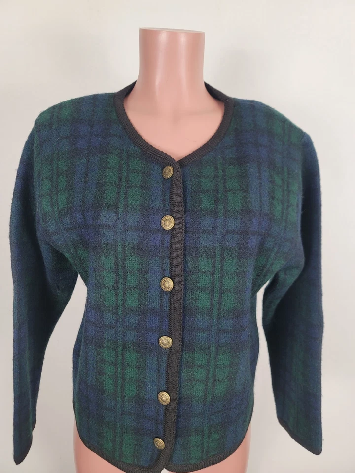 Vintage TALLY HO Navy Blue Green Tartan Plaid Wool Cardigan Sweater Large PL - Image 2 of 4