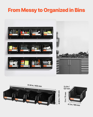 VEVOR 12 Bin Wall Mount Organizer, 3 Metal Rails, Hardware Storage, Black