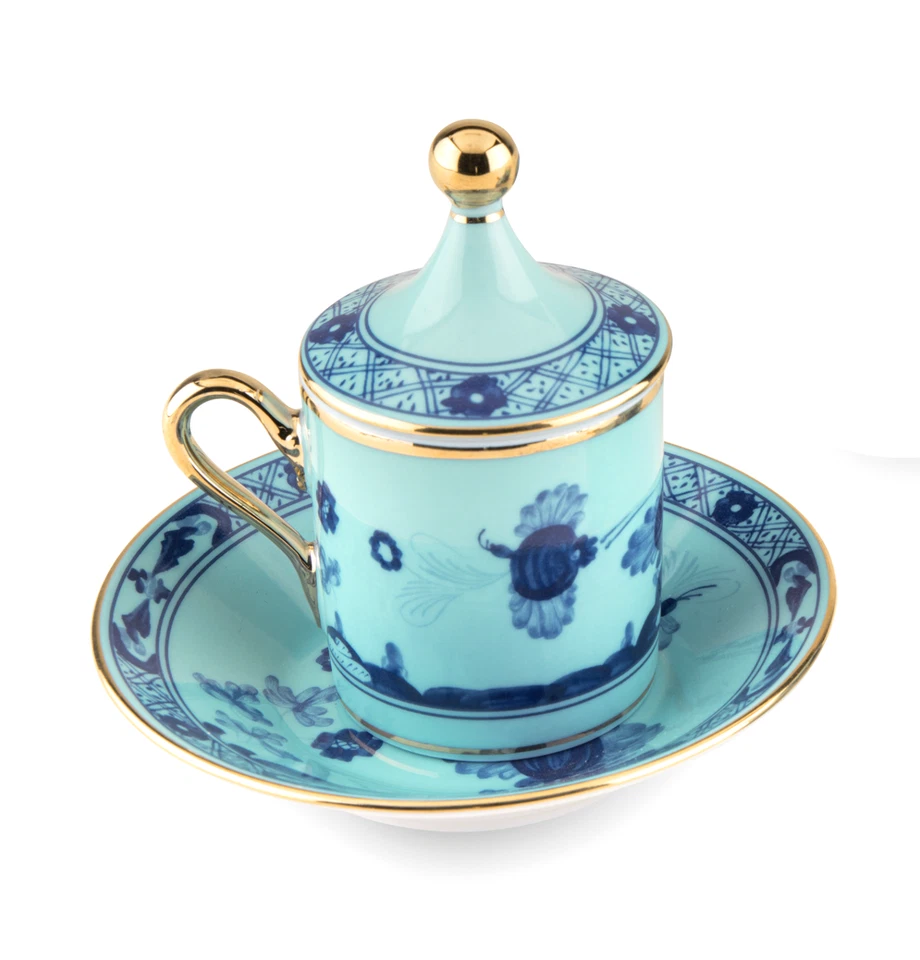 JUEGO DE CAFÉ GINORI 1735 ESTILO IMPERIO TAZA Y PLATILLO PORCELANA ORO AZUL 2,82 OZ NUEVO Foto 4 de 4