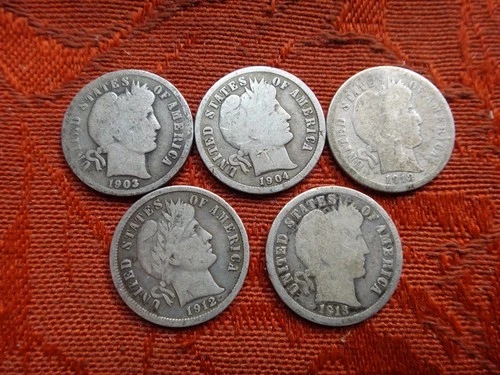 90% Silver Coin Lot of 5 Barber Dimes 50c Face Value Silver - No Reserve
