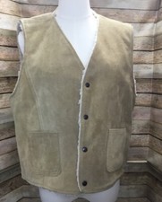 VTG The Leather Shop Sears Beige Suede Sherpa Lined Snap Front Vest Medium
