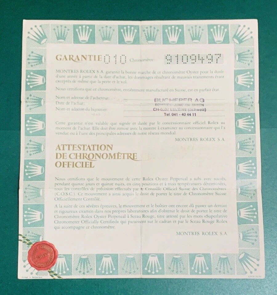 Certificato Rolex Garantie Garanzia Garanzia Originale Vintage Rolex 1980 1990