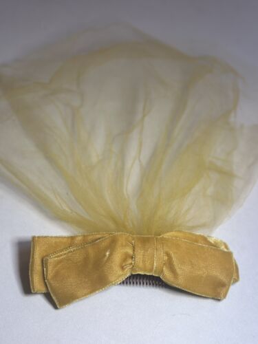 Vintage MCM Samtschleife mit Schleier Kamm Haarteil gelbe Braut Retro Bachelorette - Bild 1 von 4
