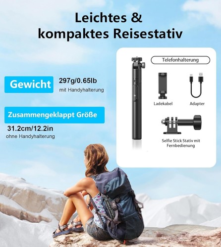 Selfie Stick Stativ 155cm Aluminium Tragbar Handy & Action Kamera Halter - Bild 9 von 10