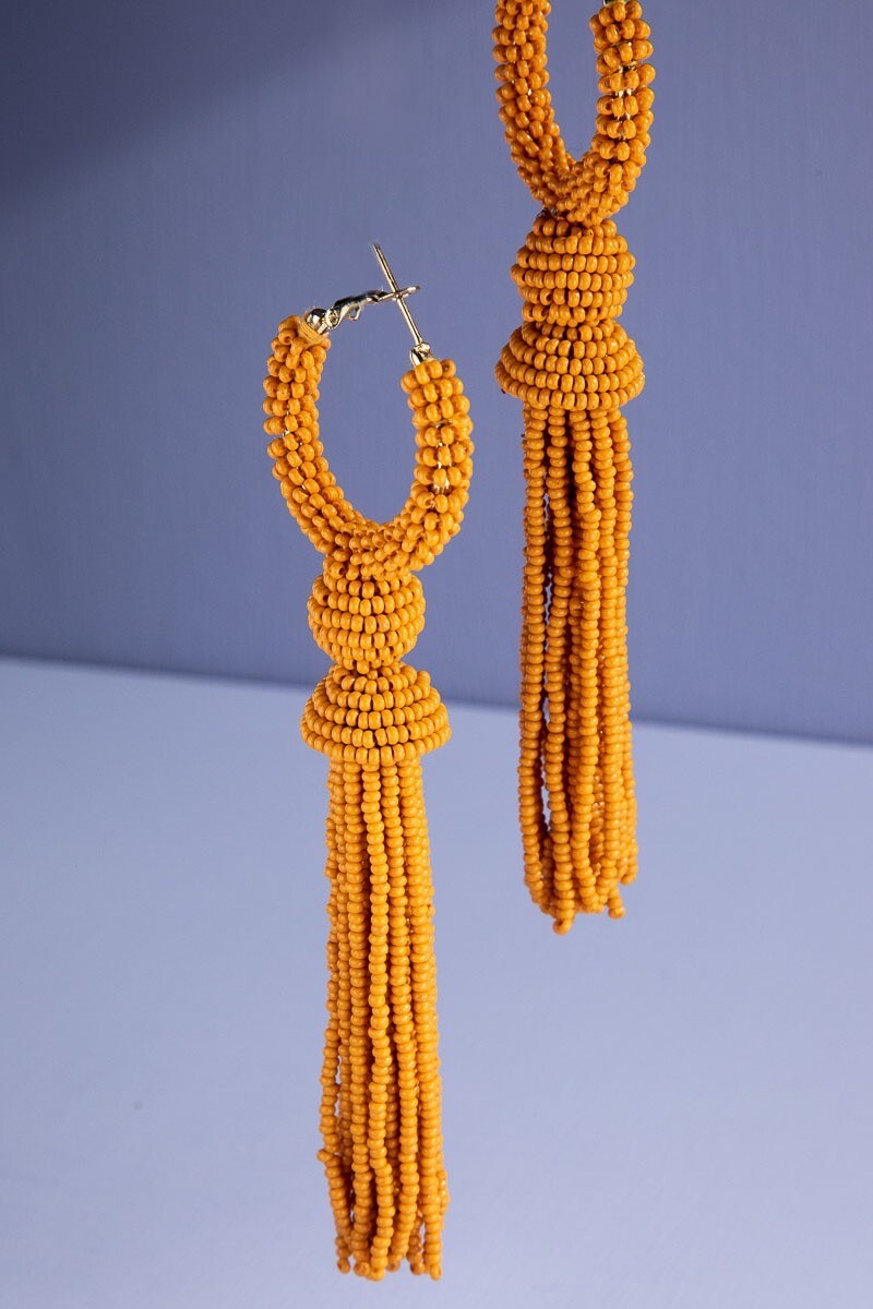 Mustard Bead Long Tassel Bohemian Big Statement Earrings | eBay display picture 1