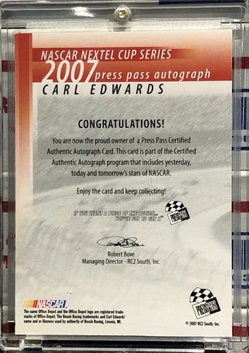 2007 PRESS PASS CARL EDWARDS, AUTO, PRESS PASS AUTOGRAPH, NASCAR NEXTEL CUP SER - Picture 2 of 2