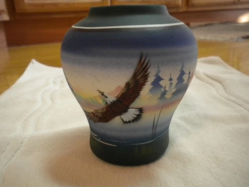America Wild Collection Art Pottery Vase, flying eagle/ black bird Signed RWA