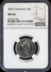 1991 Canada 25 Cents NGC MS64 Rare Date Quality 459,000 Minted
