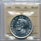 1952 Canada Silver Dollar, No Waterlines - ICCS Gem Uncirculated MS 65